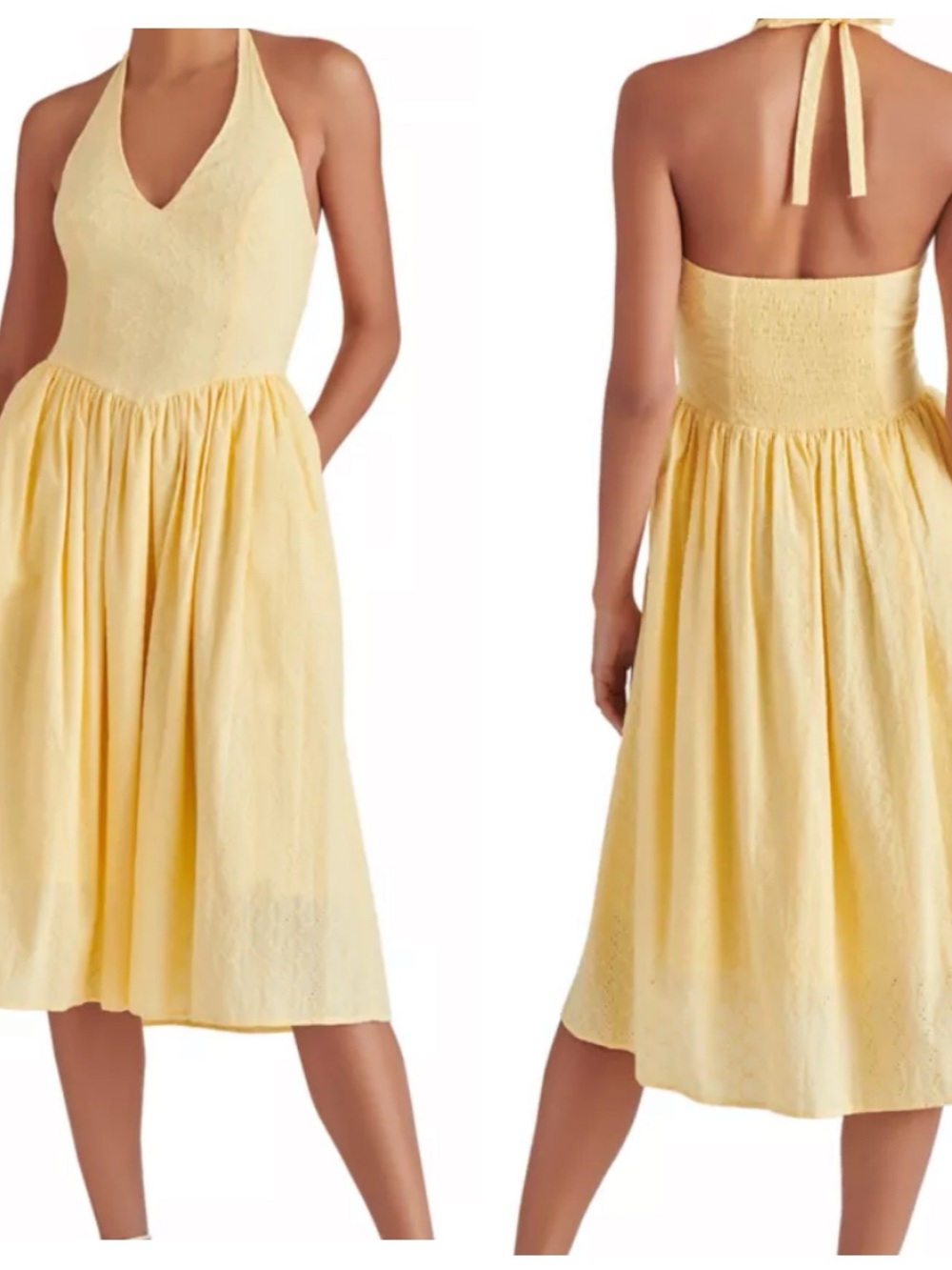 Steve Madden Ressi Dress Large Butter Halter Midi Dress Smocked Back Sundress